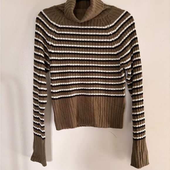 Bluenotes Sweaters - Green Brown Striped Turtleneck Sweater XL Ribbed Fitted Cropped Cozy